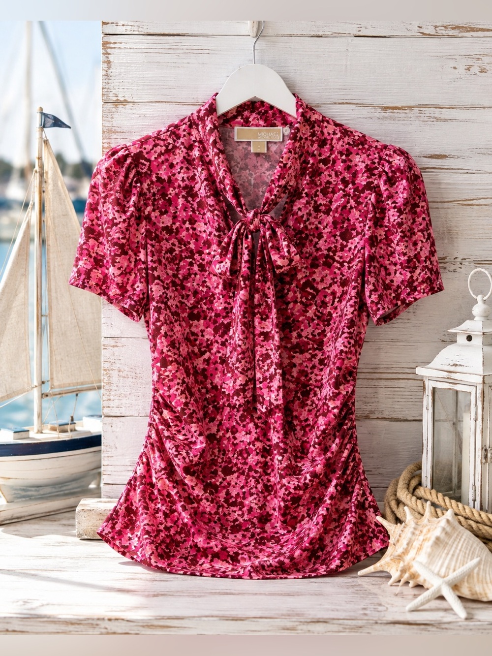 NWT Michael Kors Pink Floral Tie Front Blouse Women’s Medium Ruched Stretch Top